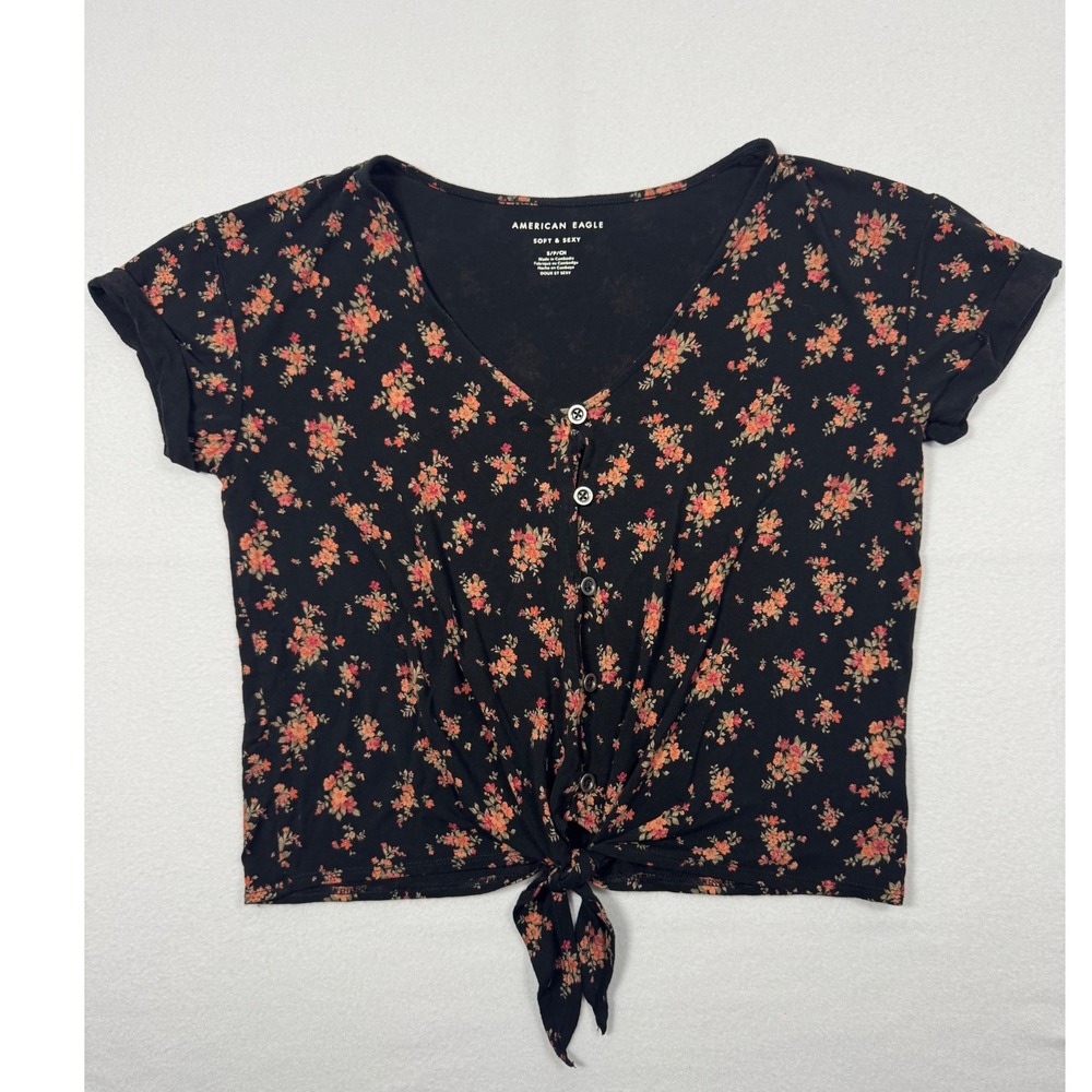 Cottagecore American Eagle Floral Tie Front Top‎ Womens Small Black Orange